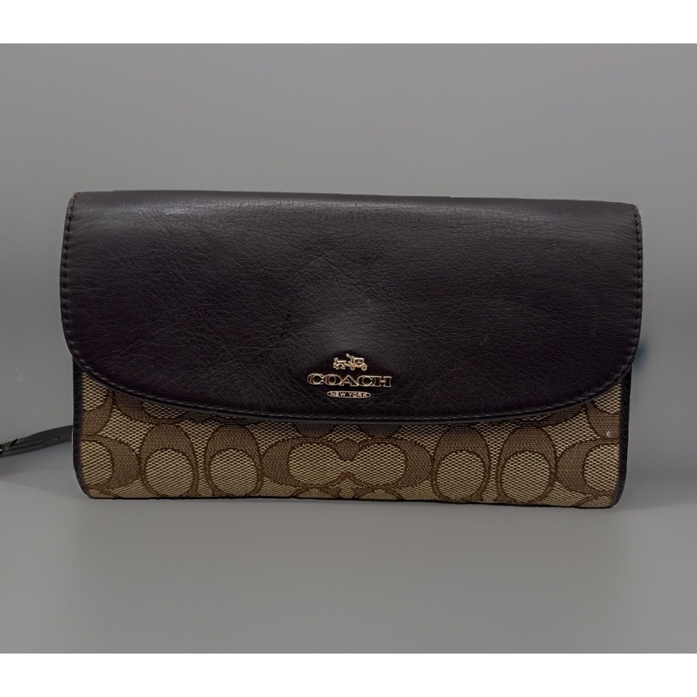 Coach Brown Signature Coated Canvas Trifold Monogram Envelope Wallet EUC
